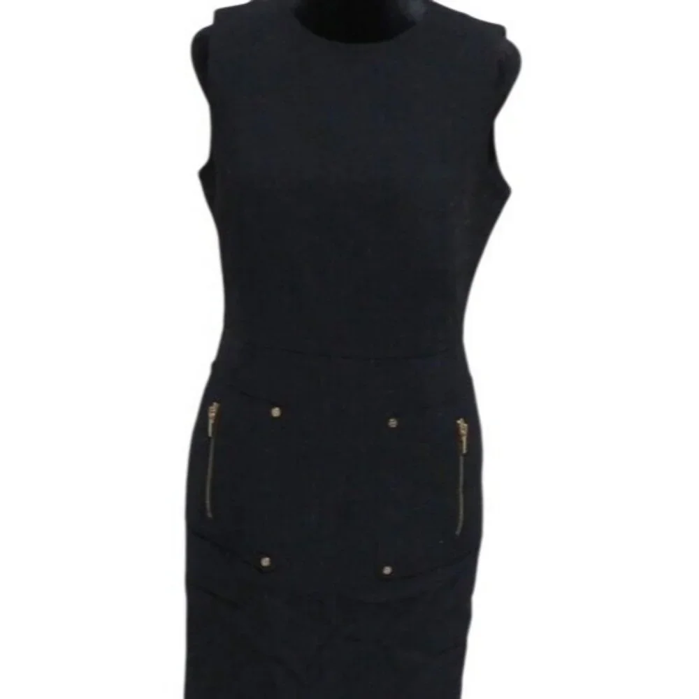 Tory Burch Black Wool Blend Sheath dress slash zipper pockets gold accents sz 4